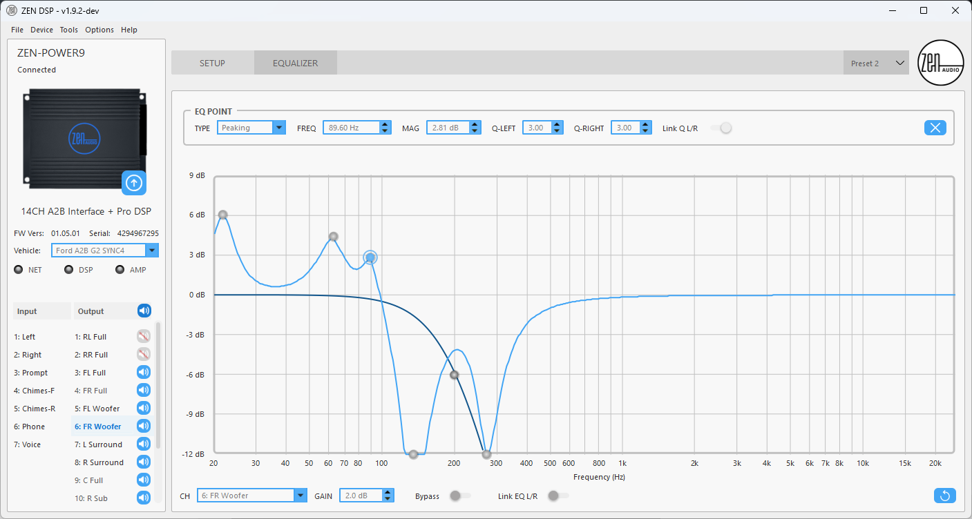 ZEN DSP parametric equalizer screen