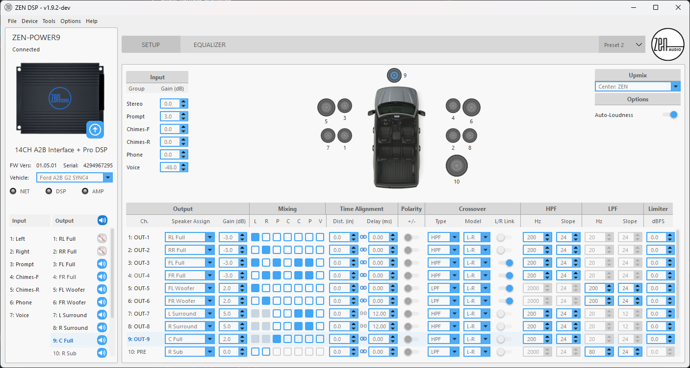 ZEN DSP setup and channel routing screen